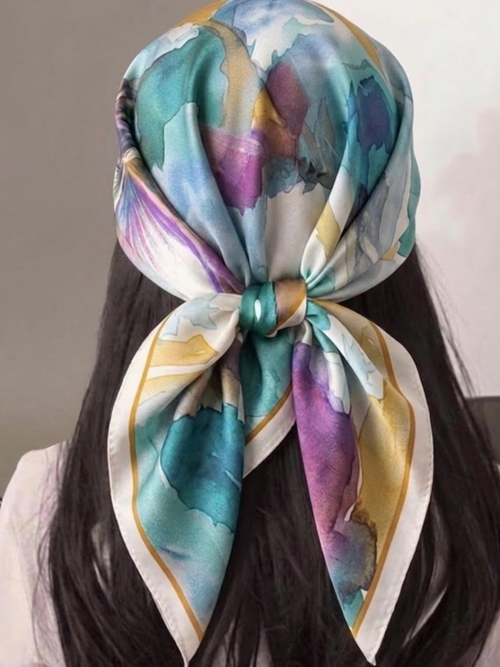 Watercolor Satin Head Scarf in Teal, Purple & Gold